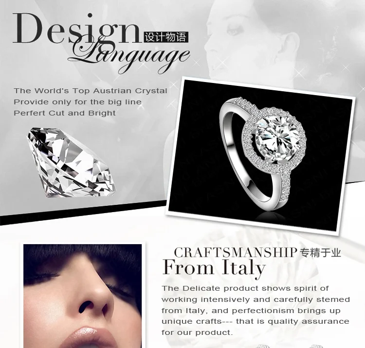 ANFASNI Women Wedding Ring Silver Color 2ct Hearts & Arrows Cut Round AAA Cubic Zircon Rings Jewelry CRI0001-B