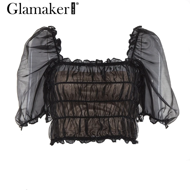 Женский топ с рукавами фонариками Glamaker черный сетчатый рюшами и квадратным