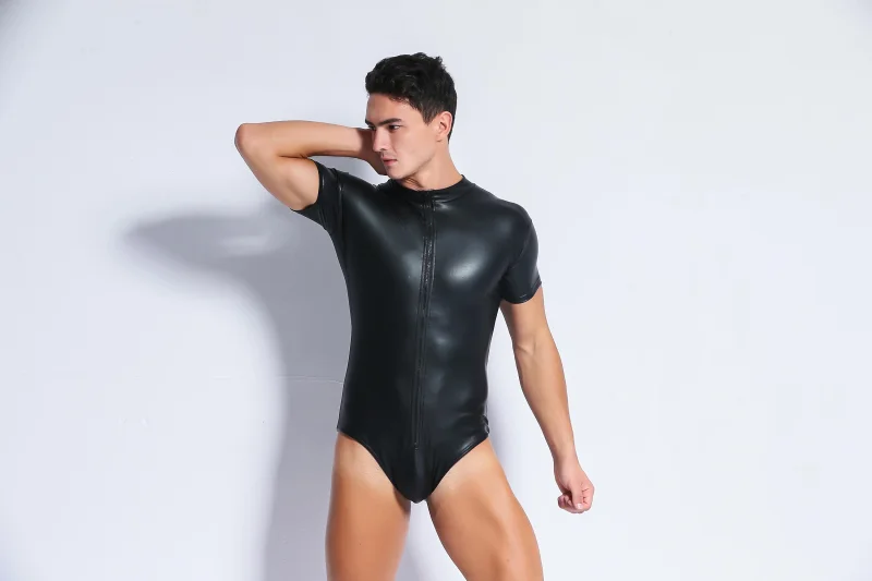 

Erotic Lingerie Sexy Bodysuit for Men Stage Performance Pole Dance Leather Catsuit Medias Sexy Costumes Plus Size 3XL 4XL Black