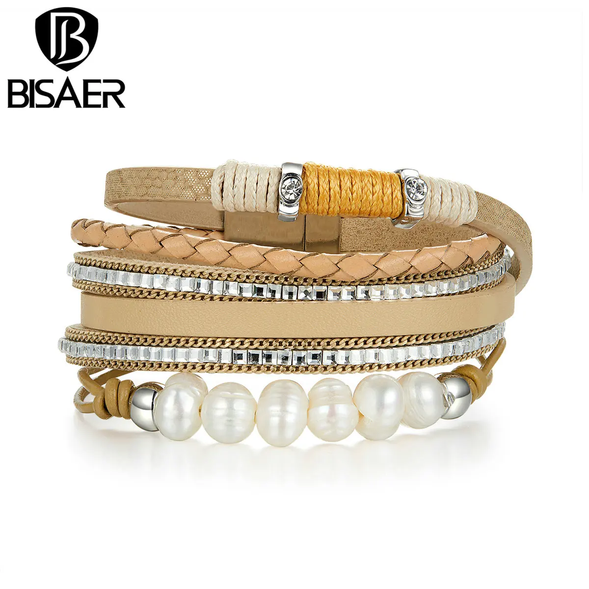 BISAER женские кожаные браслеты коричневые двухслойные жемчужные кожаные браслеты для женщин ювелирные изделия подарок PI0363