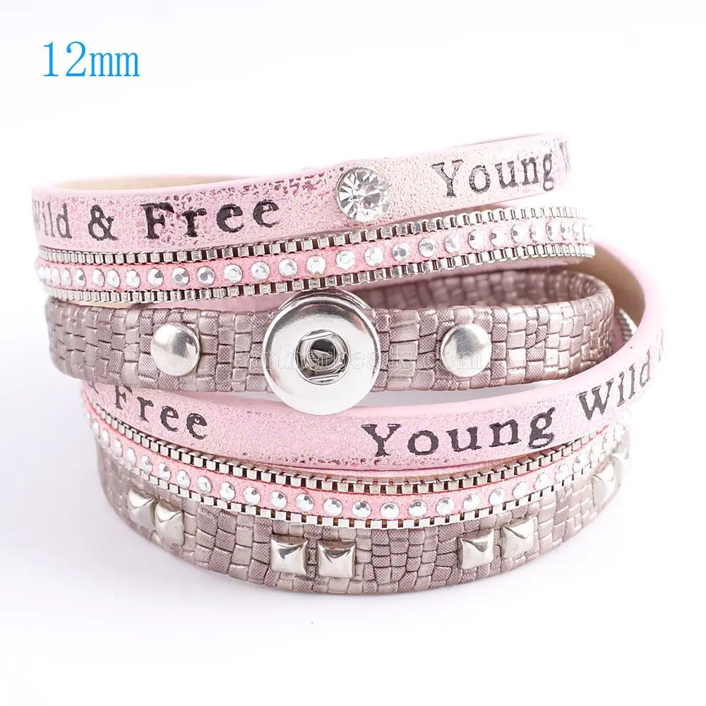 

Partnerbeads 40cm snap button PU leather bracelets fit 12mm snaps with pink plated accessories and charm KS0605-S