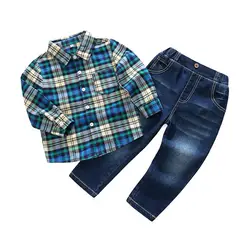 2018 новая весна мальчики хлопок синий рубашка в клетку джинсовые штаны комплект модные джинсы для мальчика Детская одежда джентльмена