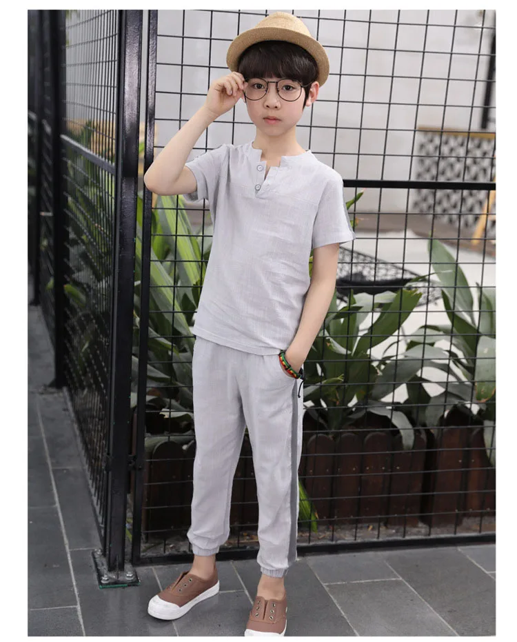 kids 2pcs sets solid o-neck cotton linen tops t shirts for boys sport suits fashion boys clothes children summer 2018 clothing (15)