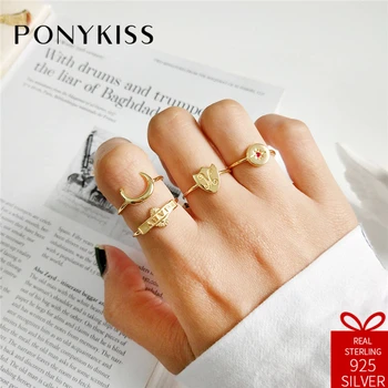 

PONYKISS Trendy 100% 925 Sterling Silver Adjustable Opening Shield Moon Star Letter Ring Jewelry Women Birthday Engagement Party