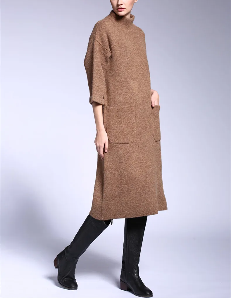 acrylic wool blend thicken knit women's mid long dress pullover sweater