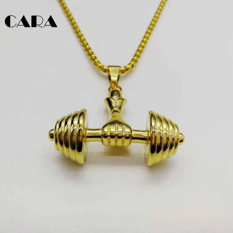 

CARA New Fashion Dumbbell & Hand Necklace Cool Gold/Silver Color gym Stainless Steel Pendant Jewelry For Men Boys Gift CARA0247