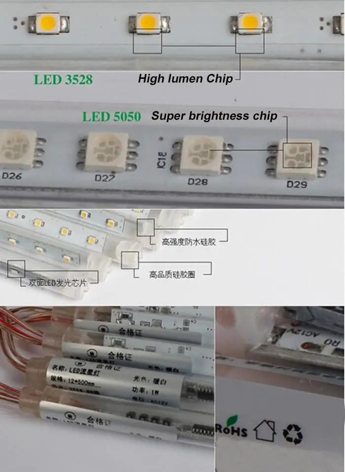 SMD 3528 DC12 RGB светодиодный светильник, метеоритный светильник, душевой светильник s 1 комплект, 10 трубок, 50 см, 60 Светодиодный светильник s, уличное украшение дерева