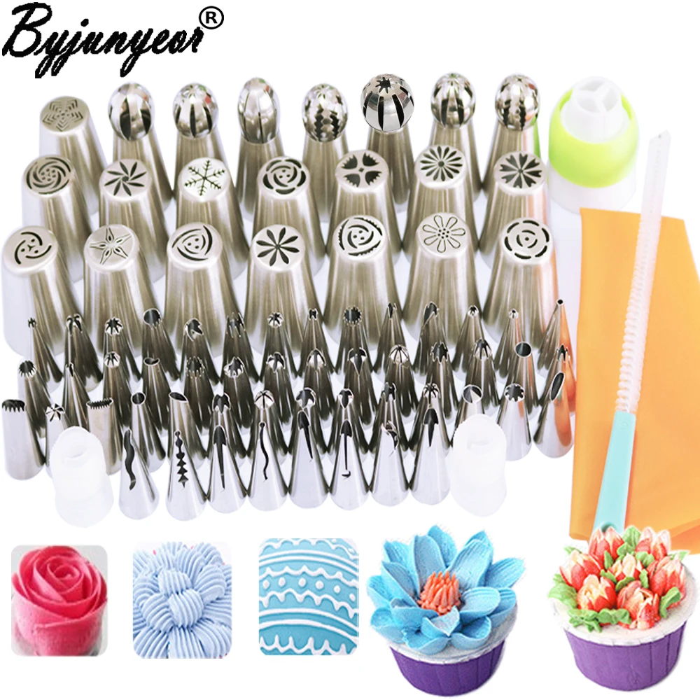 

78PCS/SET Stainless Steel Russian Nozzles Icing Piping Pastry Tips Cake Decorating Tools 2Pcs Pastry Bag 2 Coupler 1 Brush CS008
