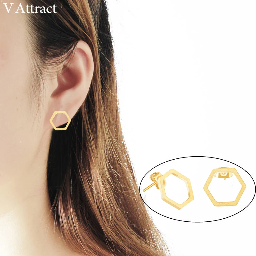 V привлечь 10 пара с геометрическим шестиугольным серьги гвоздики нержавеющая сталь Jewelry цвета: золотистый, серебристый соты букле D'oreille Femme