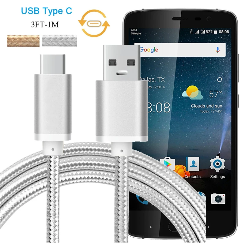 Aluminum Nylon USB Type C Charger Cable for ZTE Blade Max 3 Z986U, Zmax