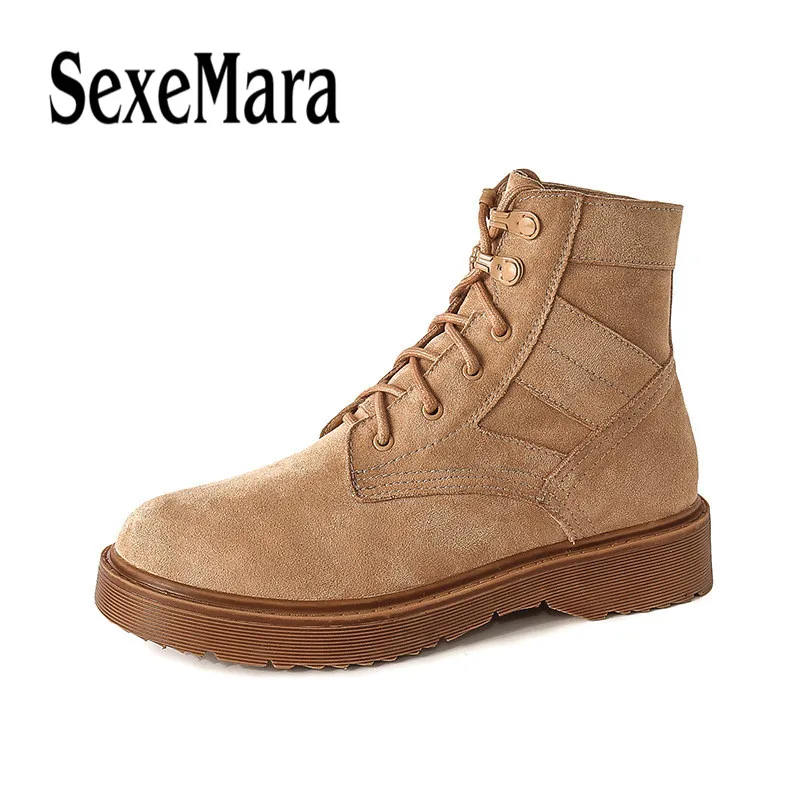 

New Fashion European Style Women Brown Ankle Boots Flats Round Toe Lace Up Martin Boots Female Black Winter Shoes Big Size 34-43