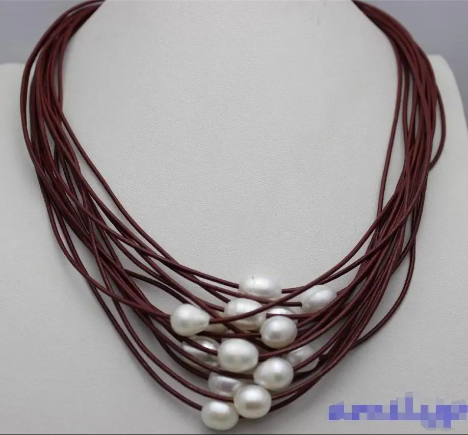

FREE SHIPPING HOT sell new Style >>>>white freshwater pearls 15strands red leather necklace 19-23INCH Alloy"Handmade