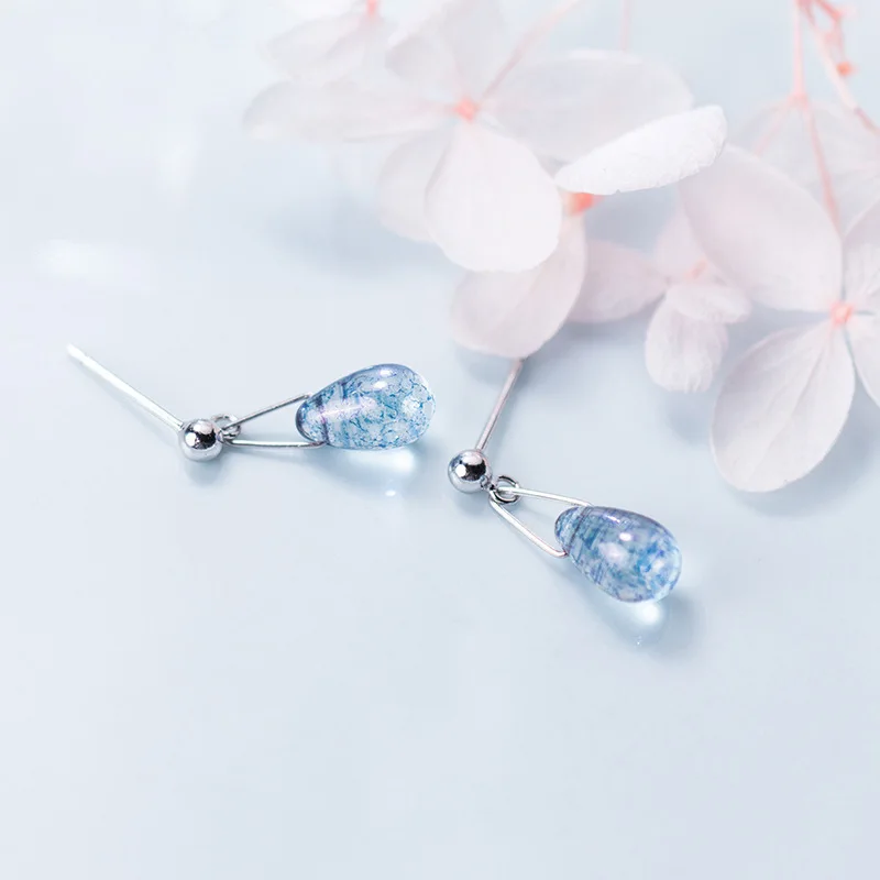 blue crystal water drop silver earring woman 100% S925 silver Jewelry fashion Hypoallergenic Stud earrings for women gift