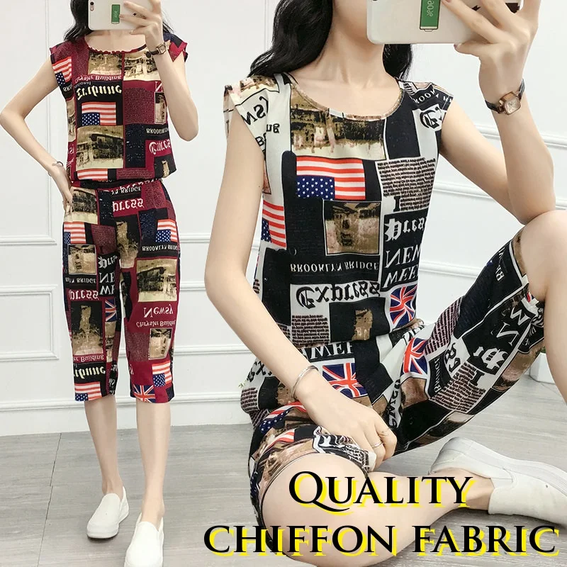 

summer new retro national style suit large size women's chiffon printing T-shirt + seven points wide leg pants two-piece M-3XL