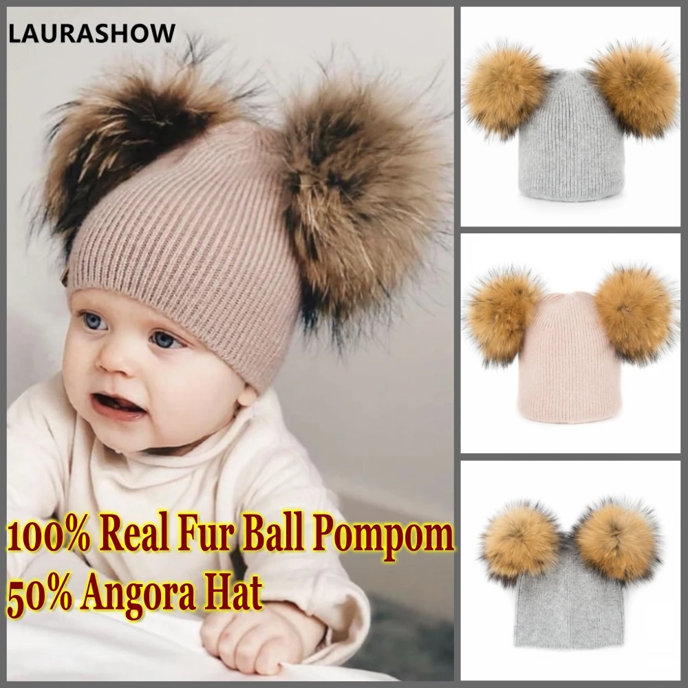 

LAURASHOW 2019 Autumn Winter Baby Beanie 14cm Real Fur Pompoms Warm Sleep Angora Rabbit Hair Cap Kids Clothing Accessories Hat