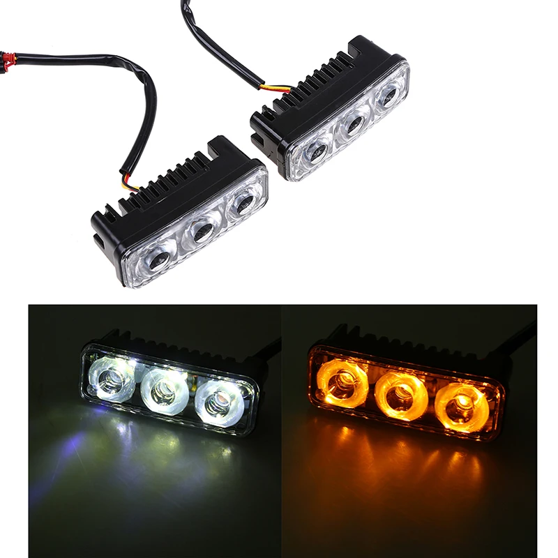 POSSBAY 1 Pair 3 LED White Yellow Car DRL Driving Fog Lights Universal