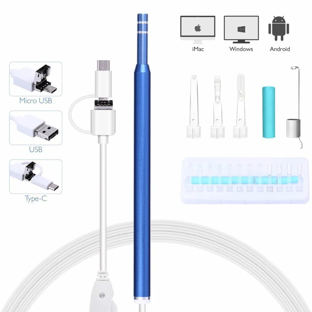 Kopen Oor Schoonmaken Endoscoop 3 in1 USB HD Visuele Oor Lepel 5.5mm Mini Camera Endoscoop Android PC Oor pick Otoscoop Borescope