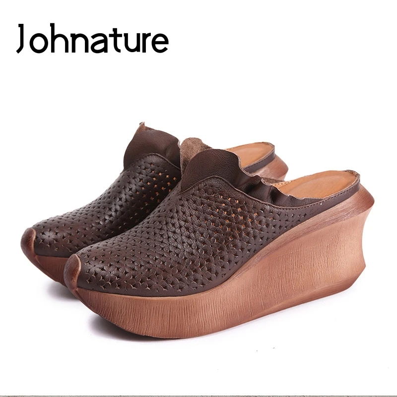 Johnature/тапочки из натуральной кожи на платформе летние шлепанцы с отворотами