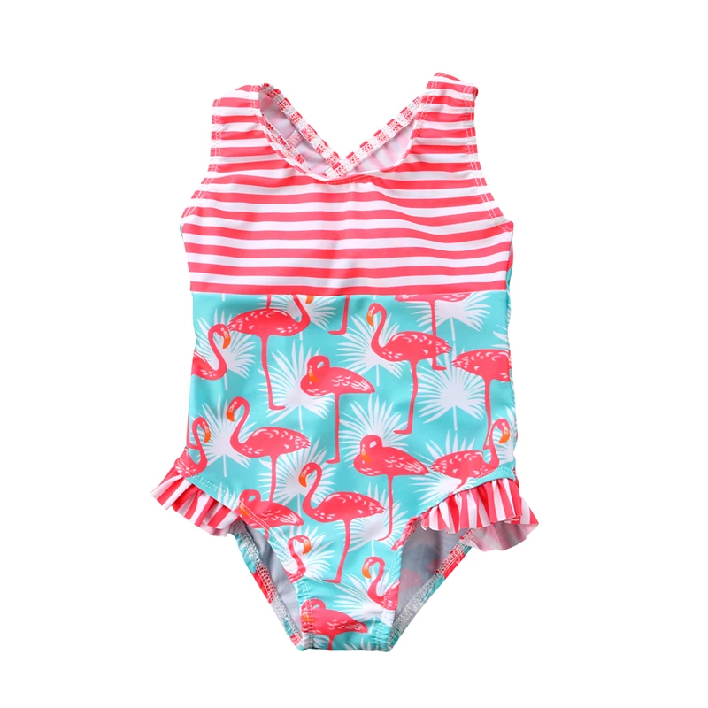 Купальный костюм с фламинго для девочек; детский цельный купальник; пляжная одежда с принтом животных в полоску; летний купальный костюм; коллекция года; модная детская одежда