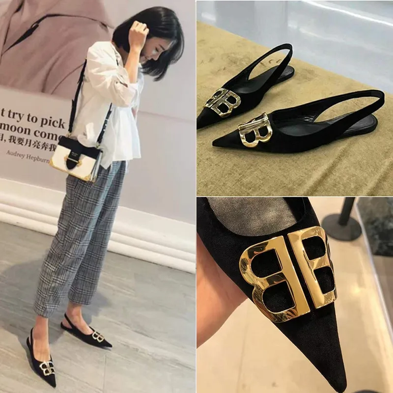 

2019 new fashion bb letter pointed flat single shoes with thick heel after empty baotou stiletto with high heel sandals