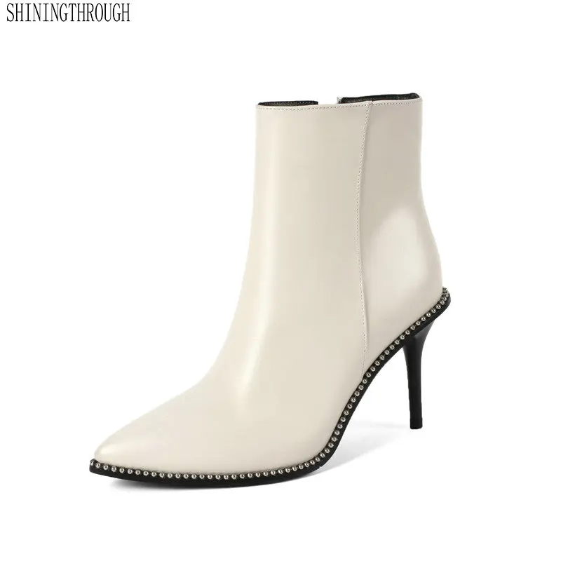 

New ankle boots woman genuine leather high heels metallic rivet women shoes black beige ladies boots large size 42 43