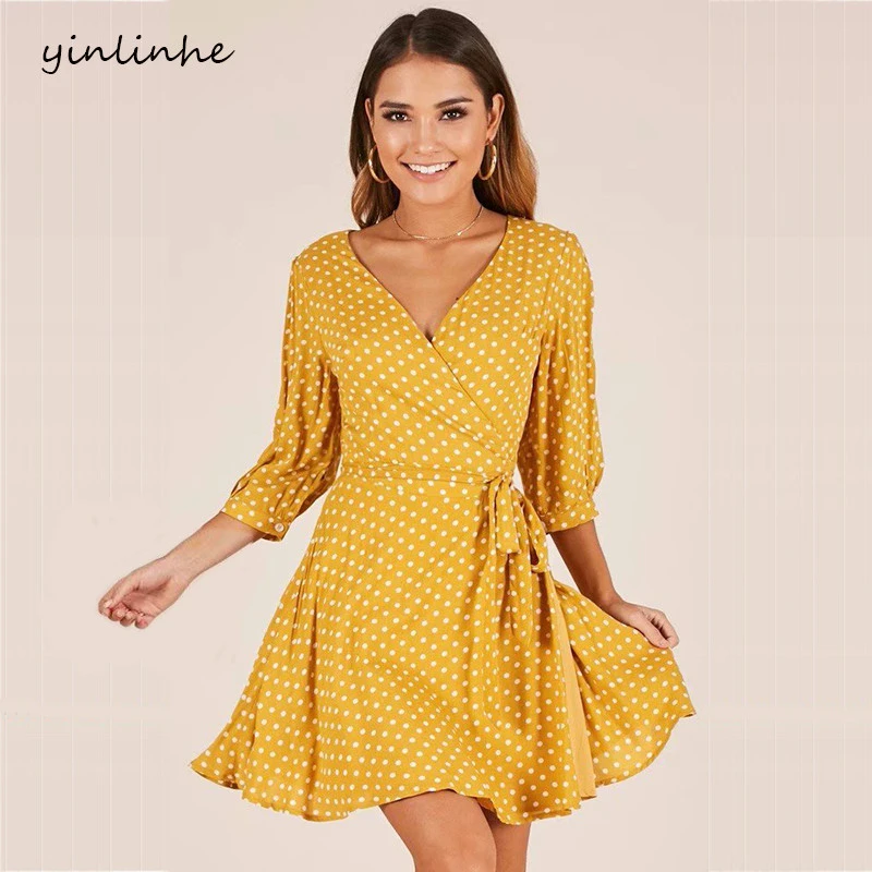 yinlinhe Yellow Wrap Dress Short Sleeve ...