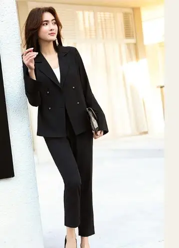 Jassion&Rainy 2018 Spring Fashion Temperament Pure Waist Collar Suit Sleeve Double Breasted Button Women Suits