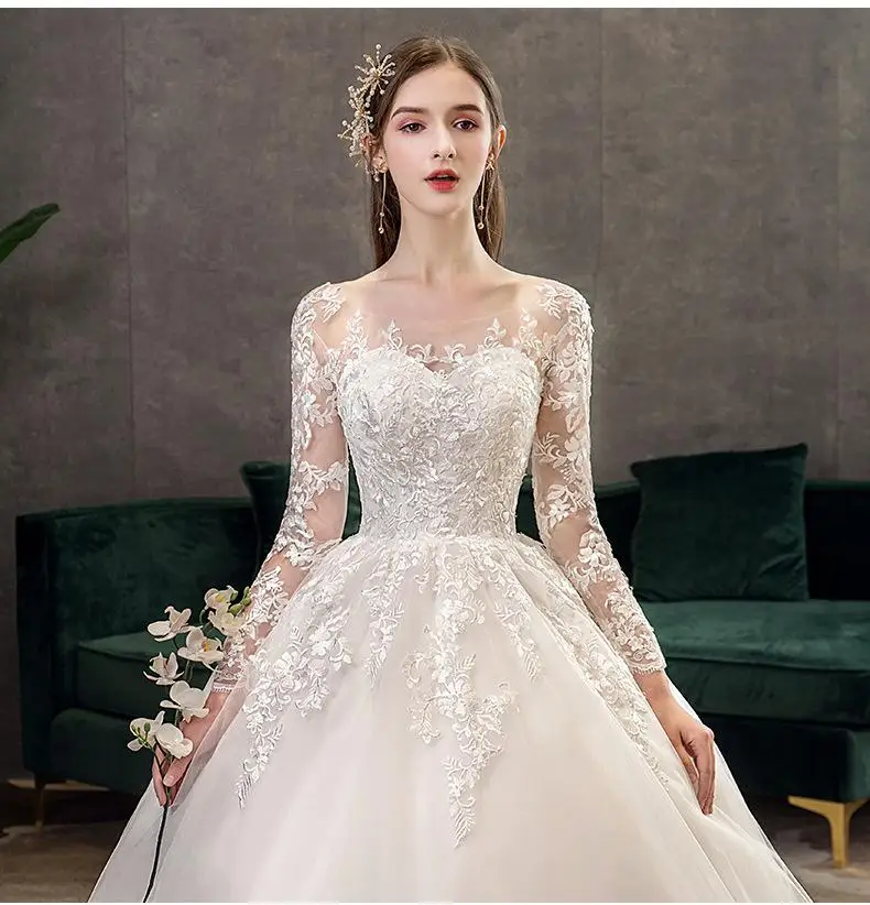 2022 New Vintage O Neck Full Sleeve Wedding Dress Illusion Simple Lace Embroidery Custom Made Bridal Gown Vestido De Noiva L short wedding dresses