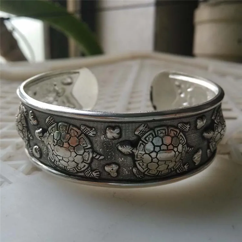 Women Cuff Bangle Adjustable Jewelry Gift Antique Silver Plated Tibetan Turtle Shaped Bracelets