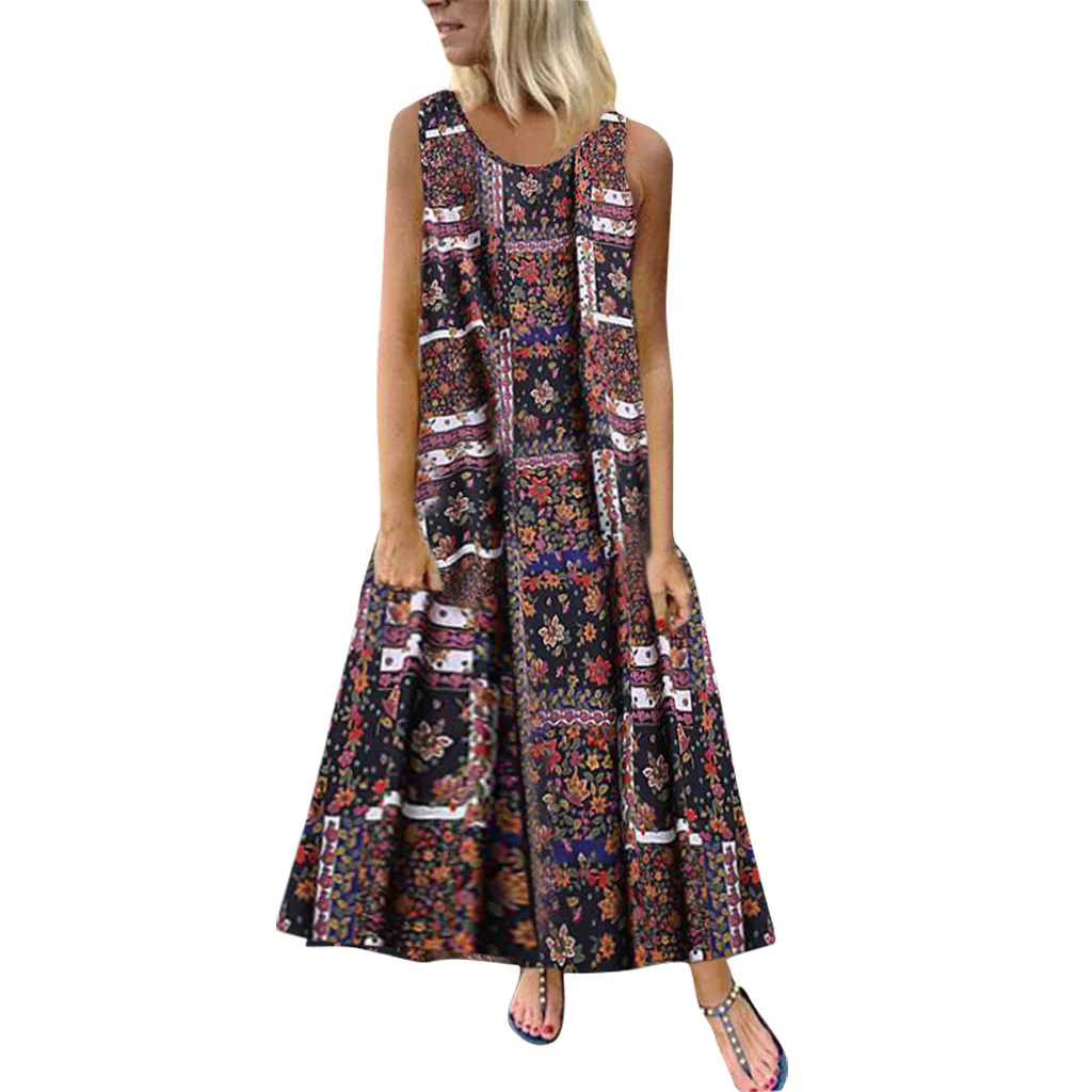 

2019 MAXIORILL New платье New Women's Large Size Bohemian Loose Pocket Print Floral Long Dress Wholesale Free Shipping t3+3