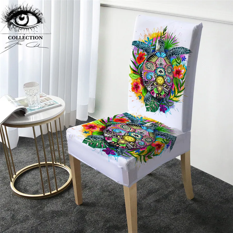 

Turtle Life by Pixie Cold Art Chair Slipcover Tortoise Bohemia Elastic Chair Cover Floral Colorful Removable Banquet Seat Case