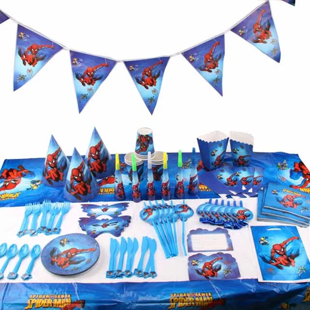 

Kids Favor Spiderman theme Party tableware Set Plate Napkins Banner Birthday Candy/popcorn Box Baby Shower Party Decoration