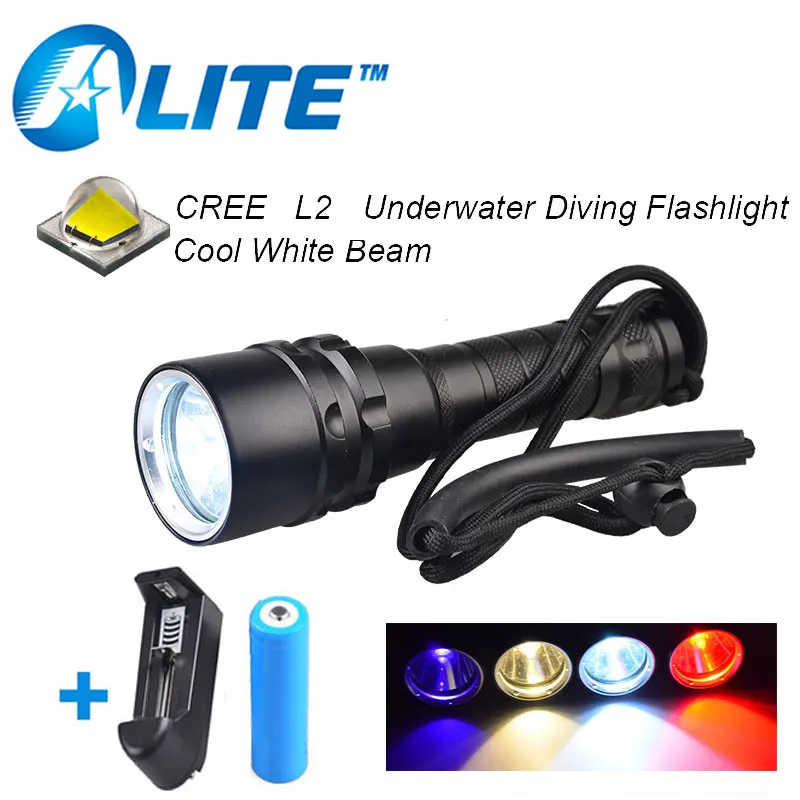 

rechargeable 18650 battery 3w uv red yellow light 10w white led scuba diving torch under water flashlight