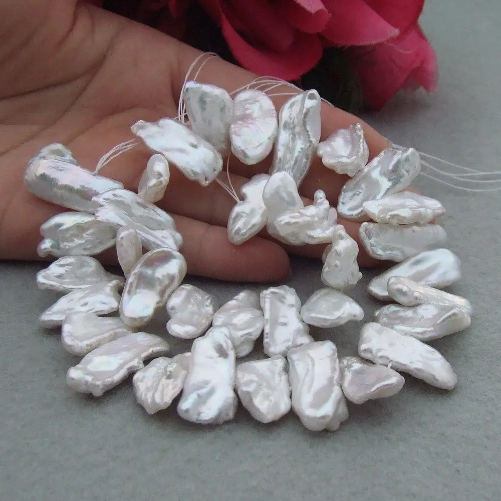 

11mm x 26mm Natural White Freshwater Keshi Pearl Biwa Loose Beads Strand 14.5