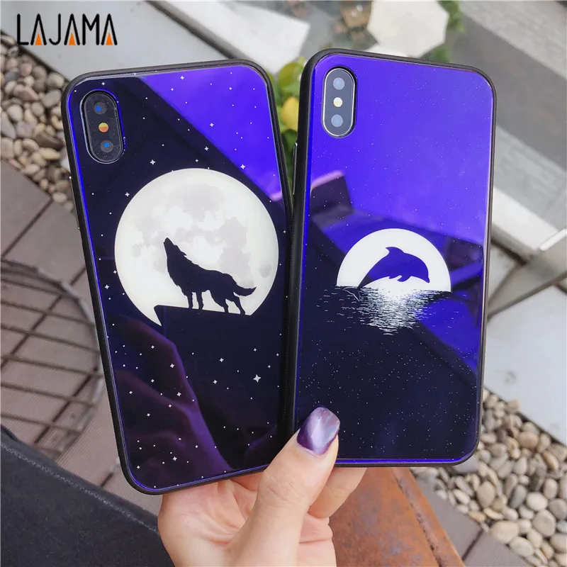 Lajama Luxury Blue Ray Wolf Tempered Glass Phone Case for iPhone 6 6S 7 8 Plus light Back Cover iphone X |