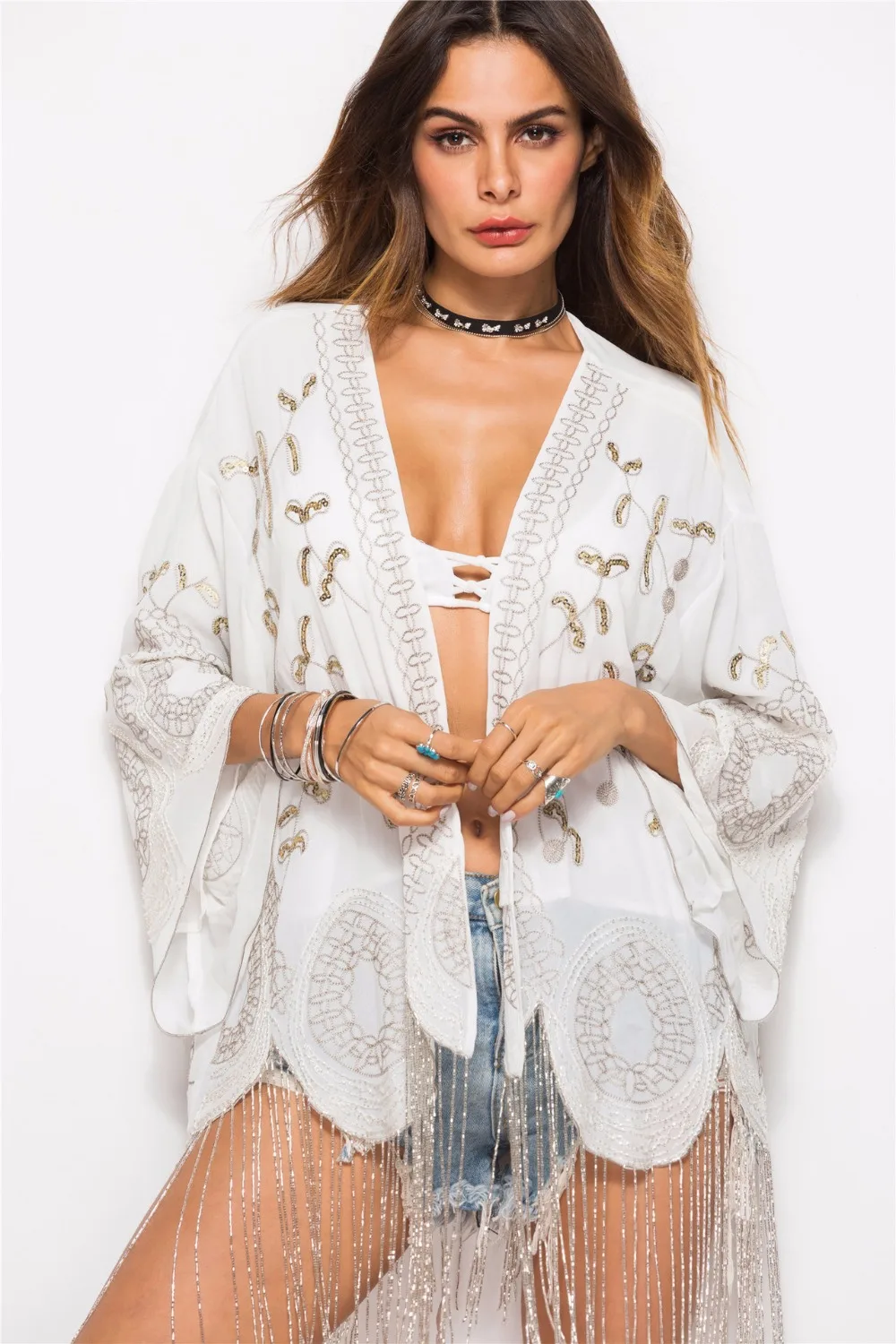 

2018 Summer Fashon Runway Brand Design High End Quality White Heavy Embroidery Beaded Long fringe Sequins cardigan Kimono jacket