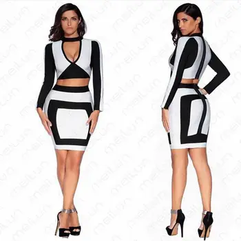 

Winter Women Runway Bandage Dress 2 Two Piece Set White Black Patchwork V cut out Long Sleeve Celebrity Party Dresses