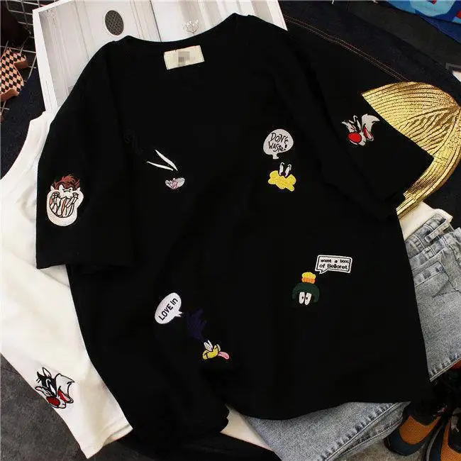 summer Women embroidery Loose t-shirt Casual Oversize T-shirt Femme Short Sleeve O-neck Tops Streetwear Harajuku Tshirts