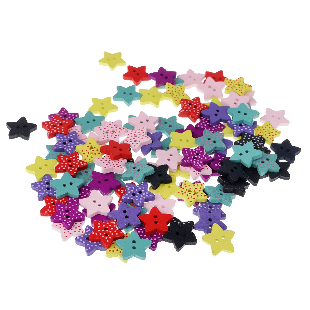 100pcs Mixed Star Shaped Wooden Buttons Polka Dot Buttons for Sewing Craft