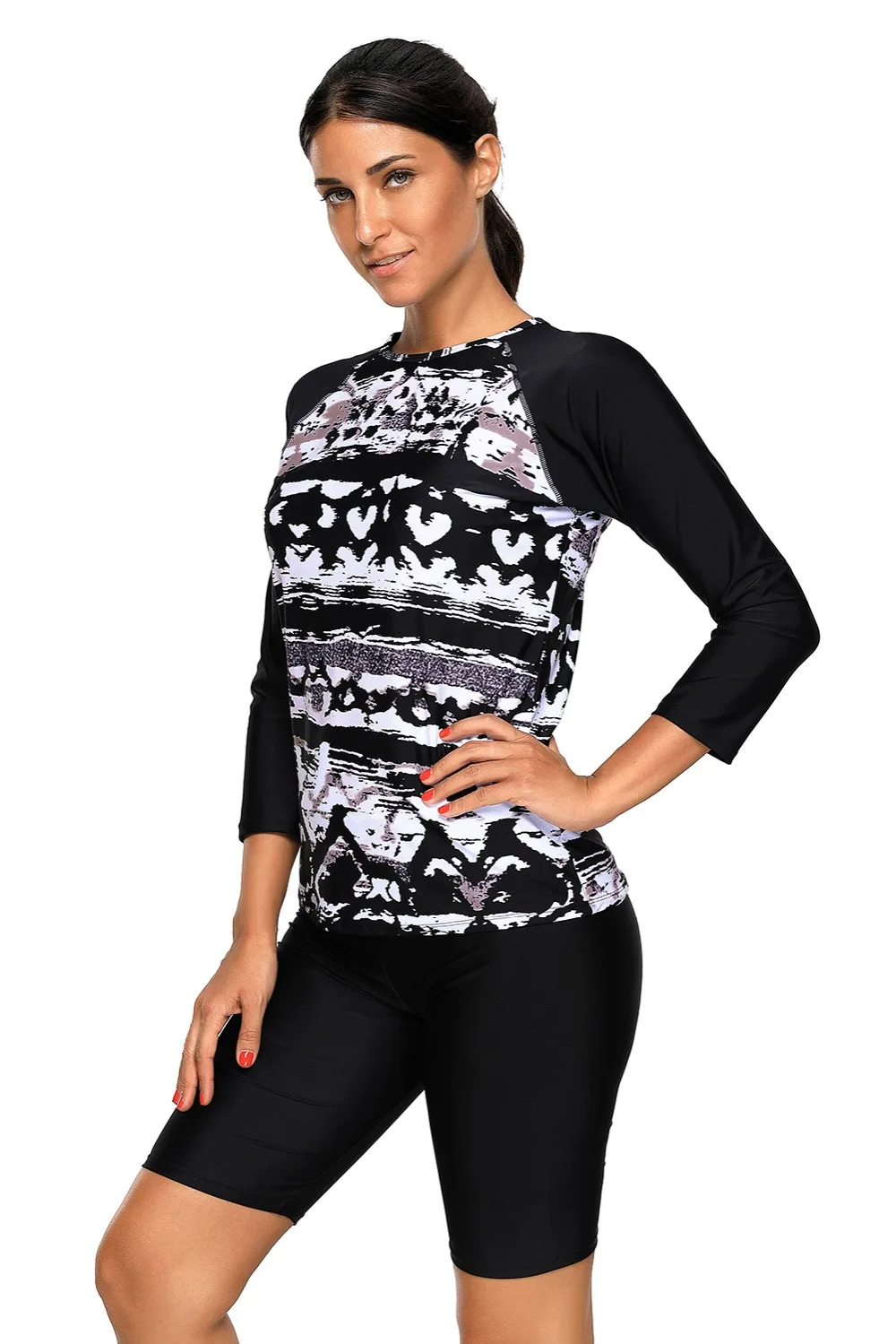 S XXL Monochrome Abstract Print 2pcs Wetsuit with Boyleg Swim Shorts