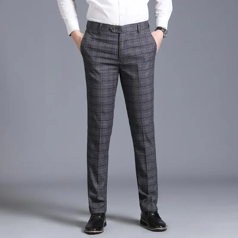 

29-38 Zipper Fly Pocket Side Checked Suit Pants Men Fashion Casual Steetwear Business Casual Pants Formal Office Trousers