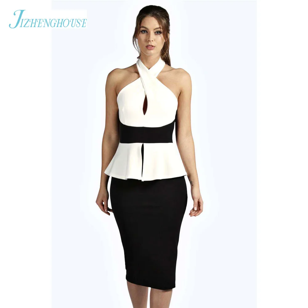

JIZHENGHOUSE Halter Sleeveless Women Peplum Office Dress Women White And Black Patchwork Casual Work Dresses