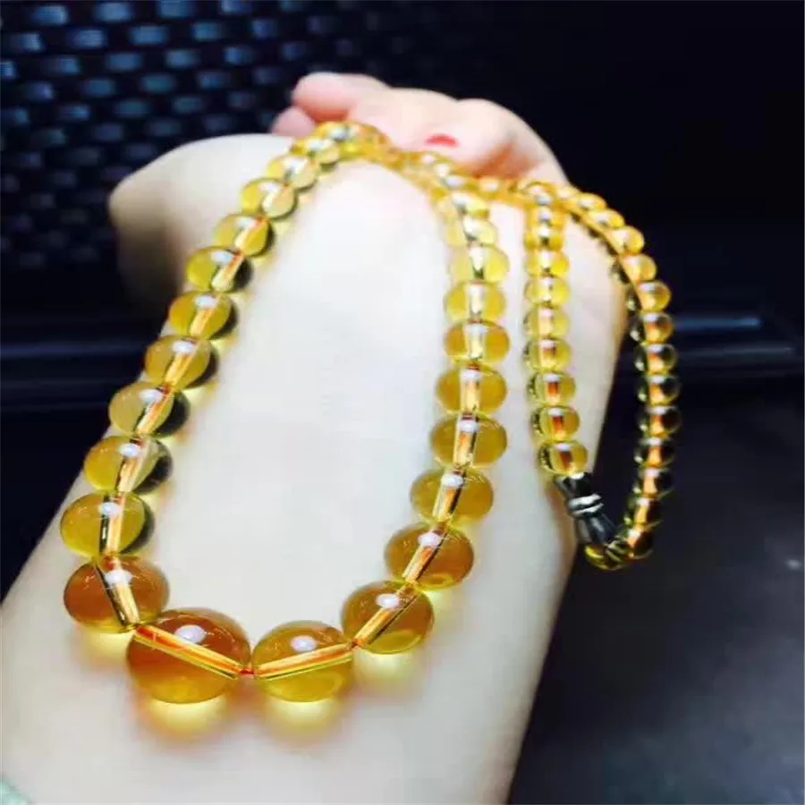 

Genuine Natural Crystal Yellow Color Gem Stone Round Clear Beads Jewelry Women Lady Fashion Long Necklace 5-14mm