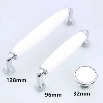 

96mm 128mm modern simple ceramic kitchen cabinet dresser door handle white ceramic drawer knob 5" silver chrome furniture handle