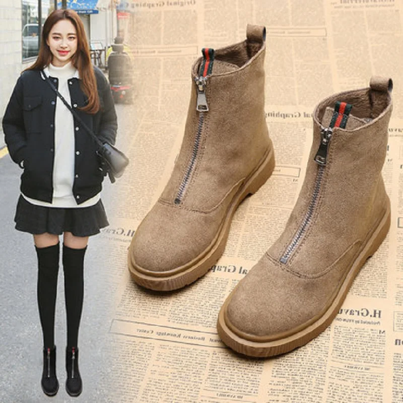 Avant Hiver La Nouvelle Velours Automne Version noir Et Femmes Beige De Fond Martin Bottes Chaussons Coréenne Le Plat Zipper Plus IYbgv7f6y