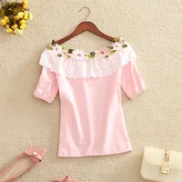 2019 Women Summer Blouse Sweet Slash Neck Floral Embroidery Lace Shirt Female Short Sleeve Mesh Blouses Blusas Short Tops AB1381 1