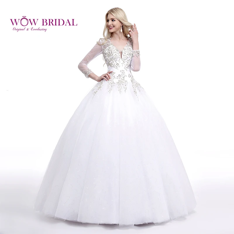 

Wowbridal 2016 Graceful White Wedding Dress V-Neck Lace Appliques Beaded Three Quarter Sleeve Backless Organza Bridal Ball Gown