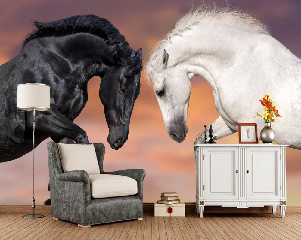 カスタム馬壁紙 白い馬とダークホース壁画用リビングルームの寝室のレストランホテルktv背景壁紙 Horse Mural Horses Wallpapersbackground Wallpaper Aliexpress