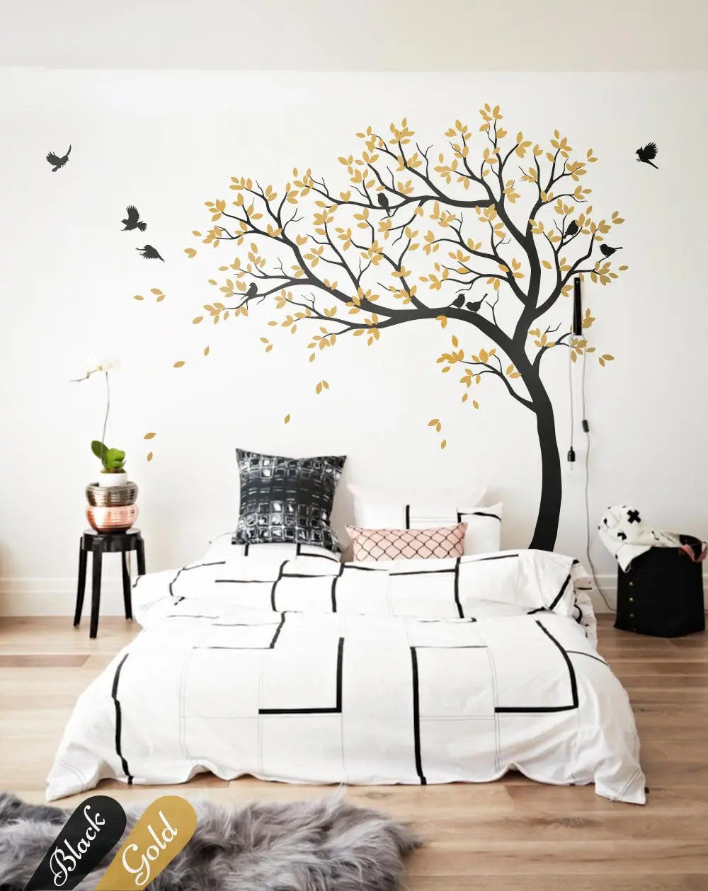 large black tree nursery wall design with cute birds and leaves baby room decor diy