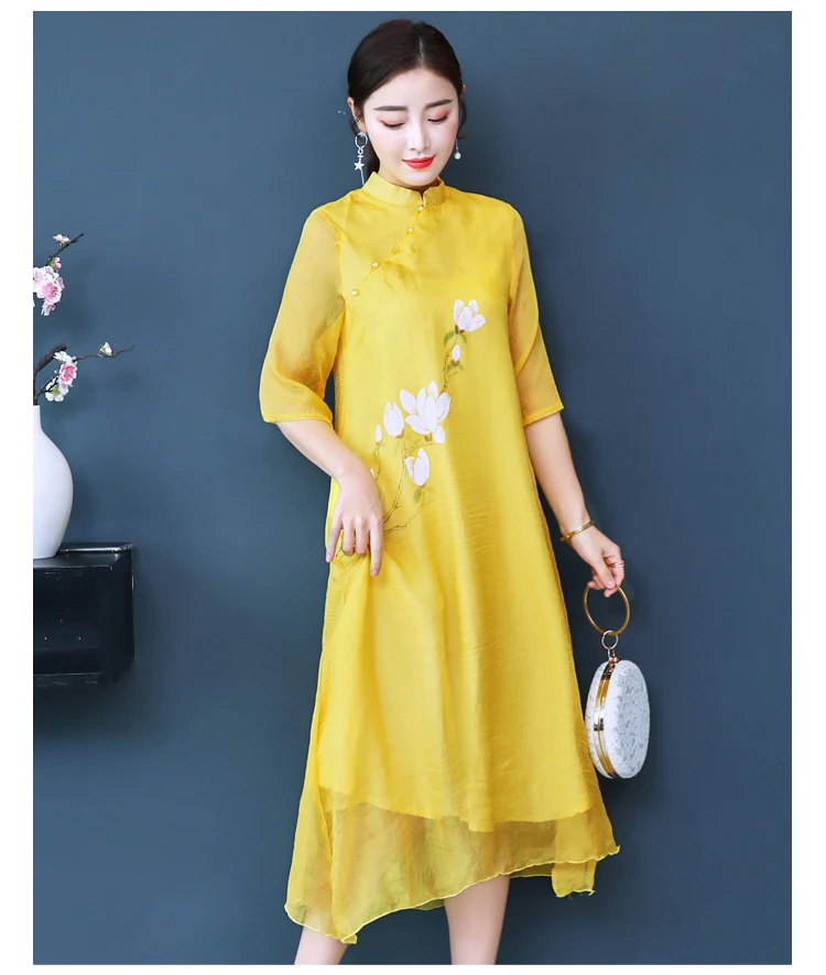 Qipao, шифоновое летнее платье, женское, ручная роспись, магнолия, классическое, китайское, длинное, чайное платье, Вьетнам, Aodai vestidos